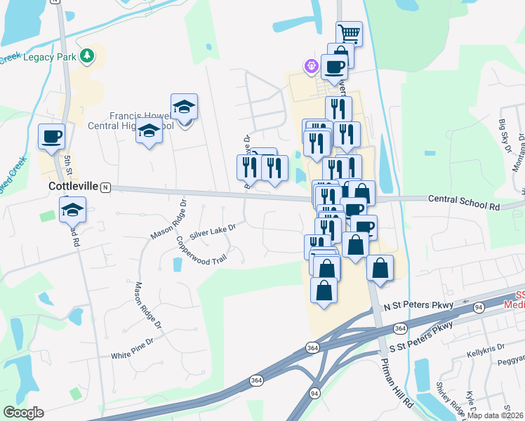 map of restaurants, bars, coffee shops, grocery stores, and more near 151 Cedar Mill Court in Saint Charles
