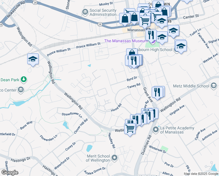 map of restaurants, bars, coffee shops, grocery stores, and more near 9778 Bragg Ln in Manassas