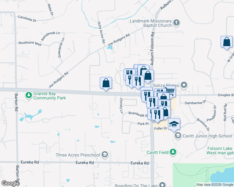 map of restaurants, bars, coffee shops, grocery stores, and more near 6873 Douglas Boulevard in Granite Bay