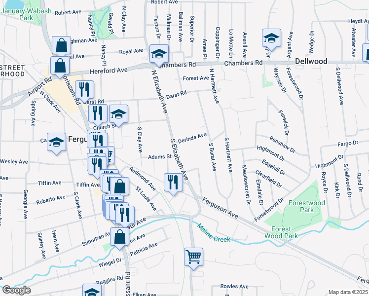map of restaurants, bars, coffee shops, grocery stores, and more near 110 South Elizabeth Avenue in Ferguson