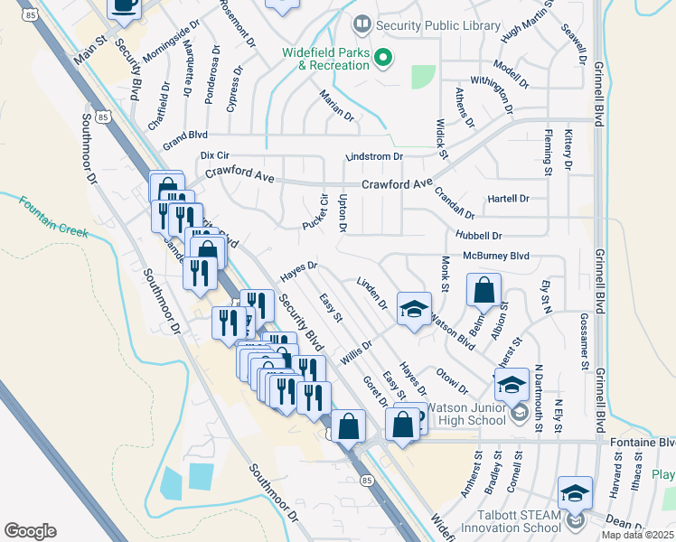 map of restaurants, bars, coffee shops, grocery stores, and more near 131 Hayes Drive in Colorado Springs