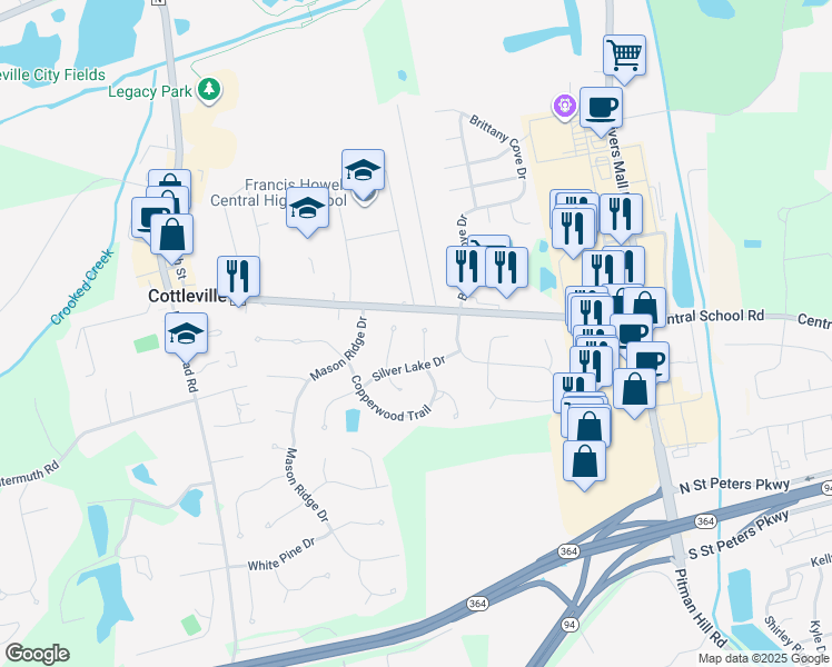 map of restaurants, bars, coffee shops, grocery stores, and more near 207 Copperwood Trail in Saint Charles