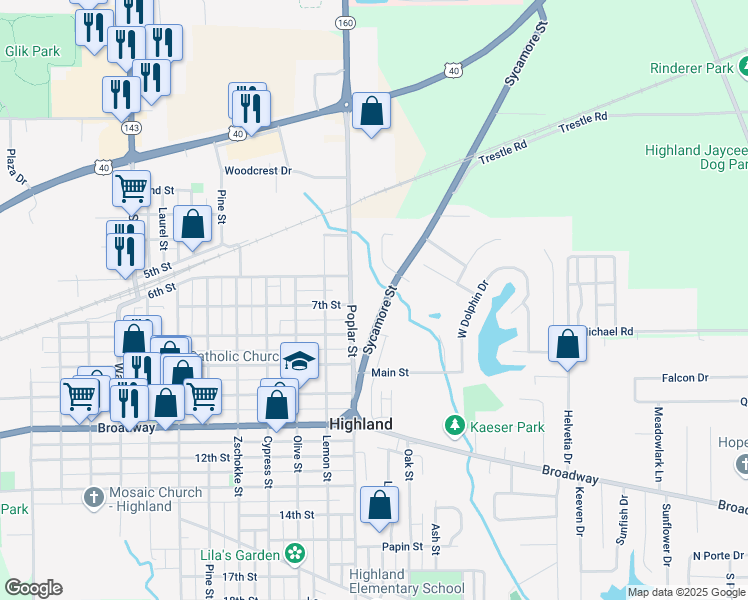 map of restaurants, bars, coffee shops, grocery stores, and more near 612 Sycamore Street in Highland