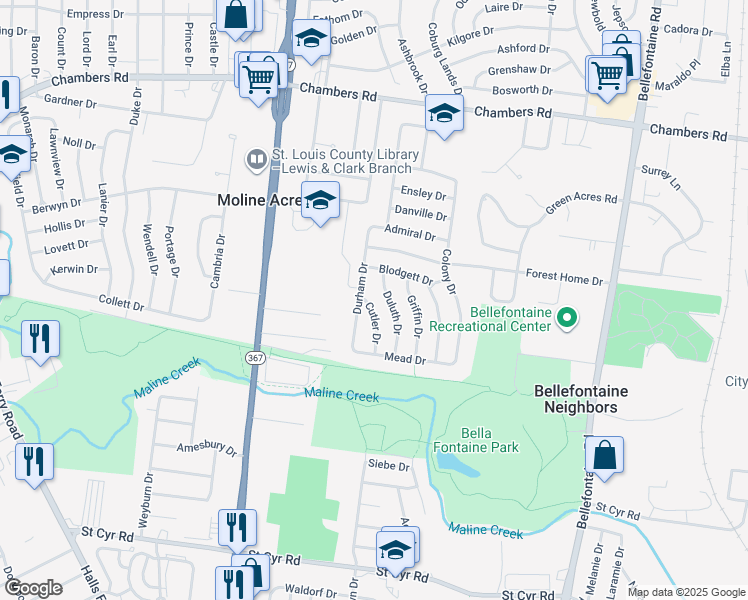 map of restaurants, bars, coffee shops, grocery stores, and more near 9650 Cutler Drive in St. Louis