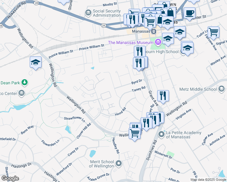 map of restaurants, bars, coffee shops, grocery stores, and more near 9778 Bragg Lane in Manassas