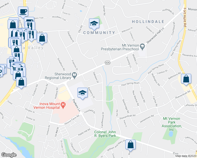 map of restaurants, bars, coffee shops, grocery stores, and more near 7817 Oaklawn Drive in Alexandria