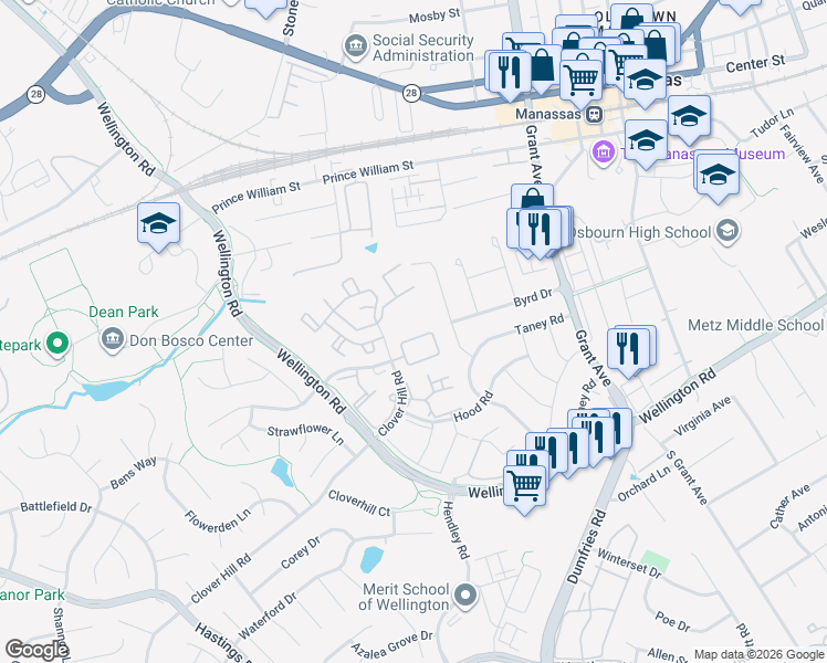 map of restaurants, bars, coffee shops, grocery stores, and more near 9054 Coriander Circle in Manassas