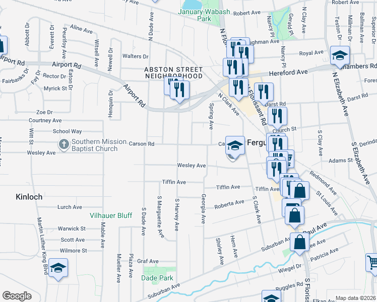 map of restaurants, bars, coffee shops, grocery stores, and more near 512 Carson Road in Ferguson