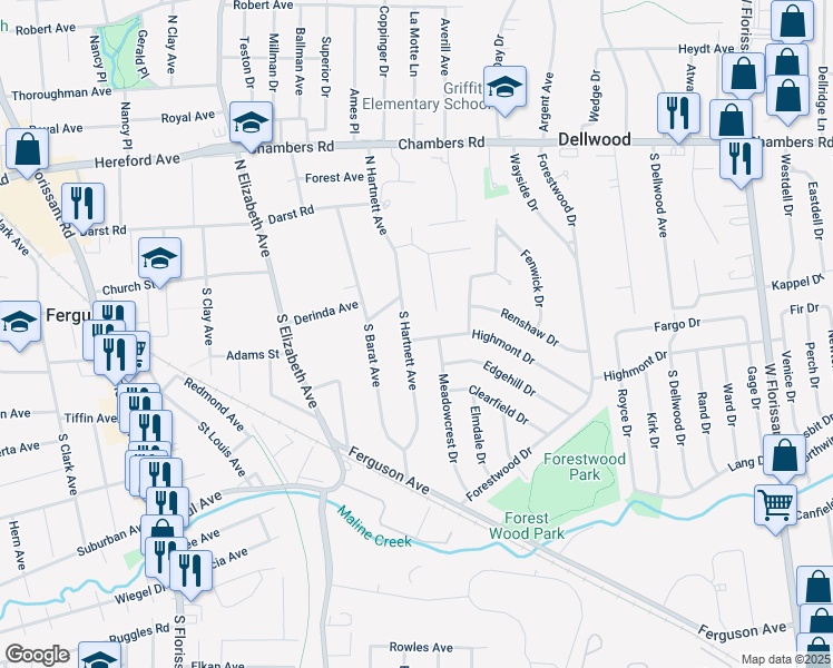 map of restaurants, bars, coffee shops, grocery stores, and more near 128 South Hartnett Avenue in Ferguson