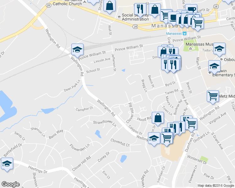 map of restaurants, bars, coffee shops, grocery stores, and more near 9324 Witch Hazel Way in Manassas