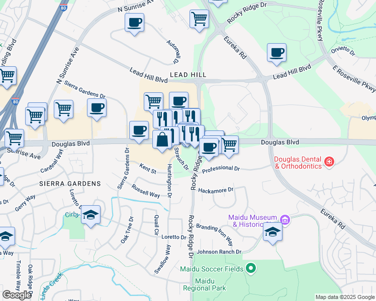map of restaurants, bars, coffee shops, grocery stores, and more near 1950 A Douglas Boulevard in Roseville