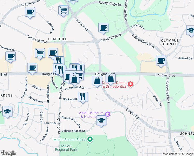 map of restaurants, bars, coffee shops, grocery stores, and more near 2150 Douglas Blvd in Roseville