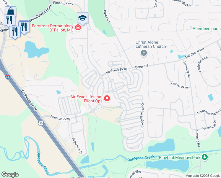 map of restaurants, bars, coffee shops, grocery stores, and more near 7560 Village Center Drive in O'Fallon