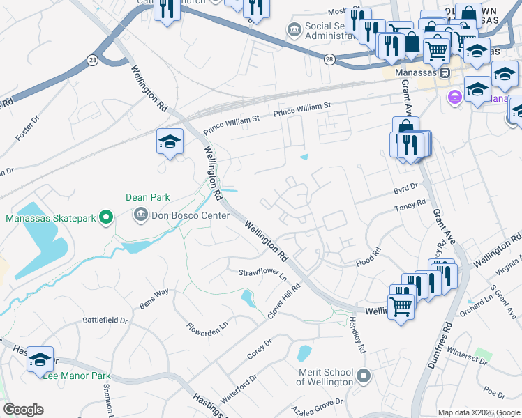map of restaurants, bars, coffee shops, grocery stores, and more near 9584 Buttonbush Court in Manassas