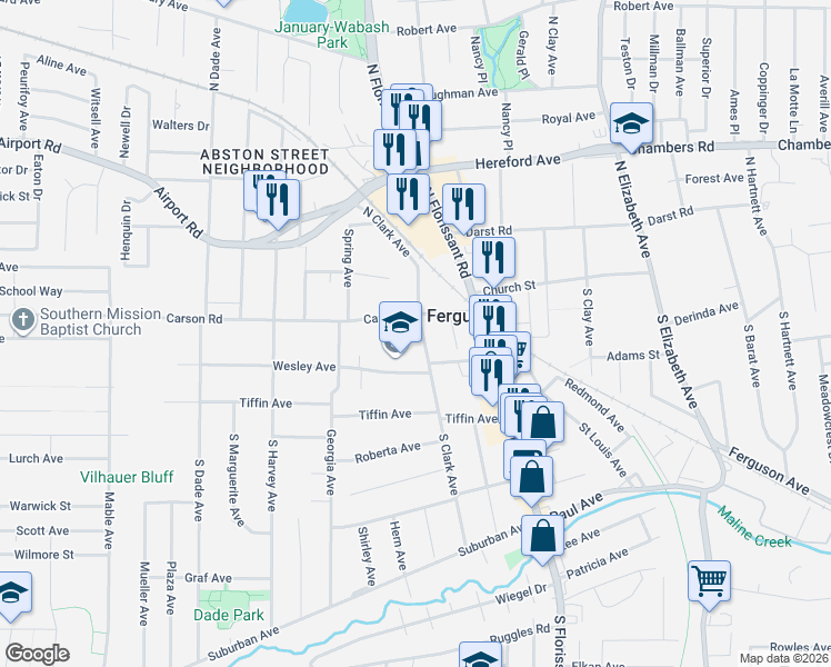 map of restaurants, bars, coffee shops, grocery stores, and more near 25 South Clark Avenue in Ferguson
