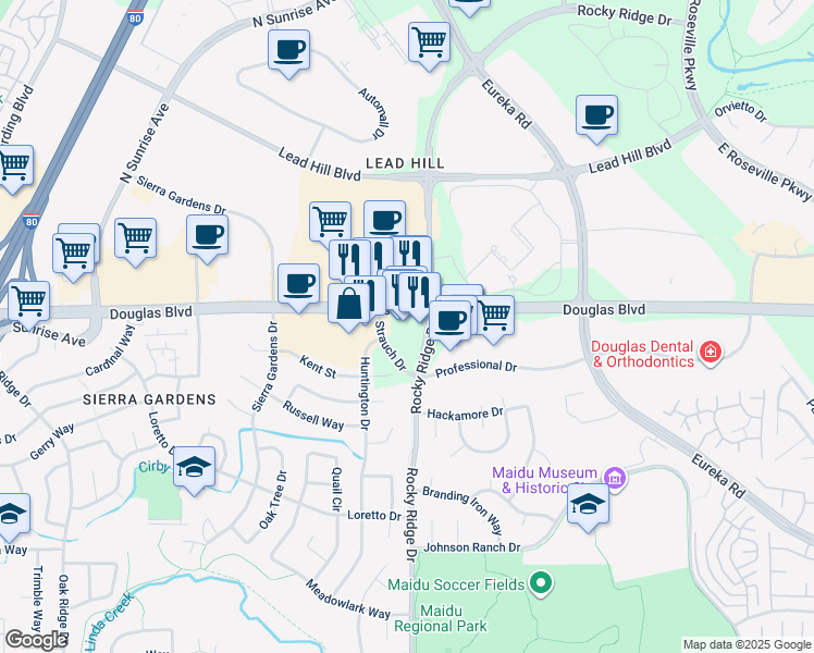 map of restaurants, bars, coffee shops, grocery stores, and more near 1950 A Douglas Boulevard in Roseville