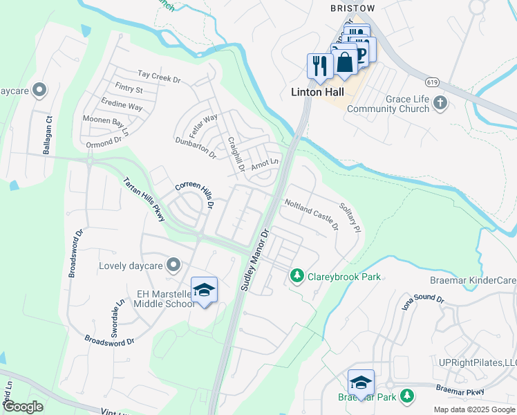 map of restaurants, bars, coffee shops, grocery stores, and more near 10144 Orland Stone Drive in Bristow