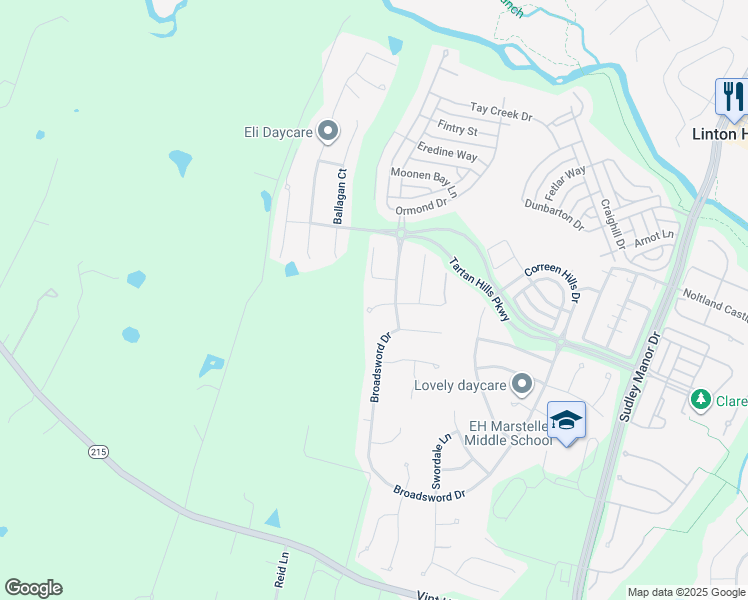 map of restaurants, bars, coffee shops, grocery stores, and more near 13308 Whinney Ford Court in Linton Hall