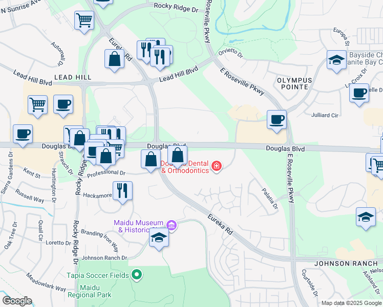 map of restaurants, bars, coffee shops, grocery stores, and more near 2240 Douglas Boulevard in Roseville