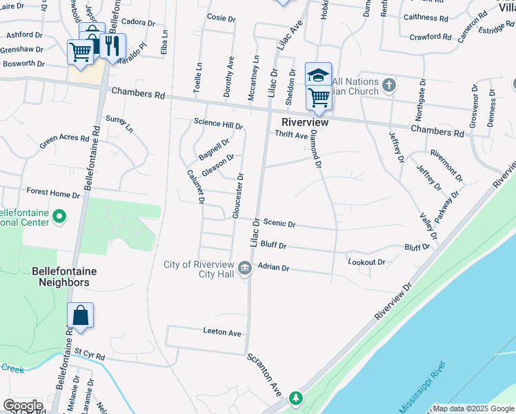 map of restaurants, bars, coffee shops, grocery stores, and more near 9811 Lilac Drive in Saint Louis