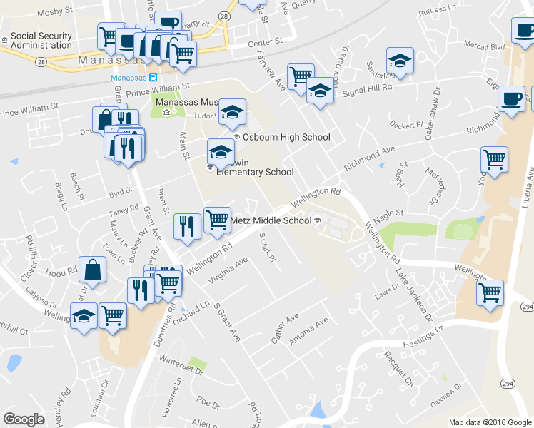 map of restaurants, bars, coffee shops, grocery stores, and more near 9939 Wellington Road in Manassas
