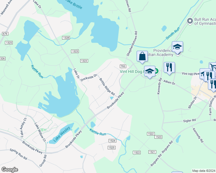 map of restaurants, bars, coffee shops, grocery stores, and more near 1194 Brittle Ridge Road in Warrenton
