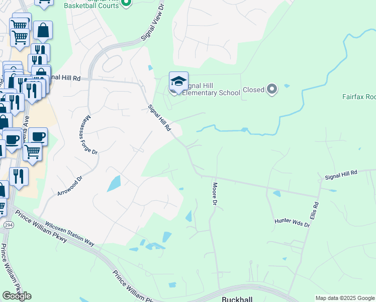 map of restaurants, bars, coffee shops, grocery stores, and more near Signal Hill Road in Manassas