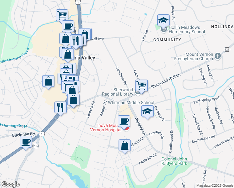 map of restaurants, bars, coffee shops, grocery stores, and more near 2707 Woodwalk Court in Alexandria
