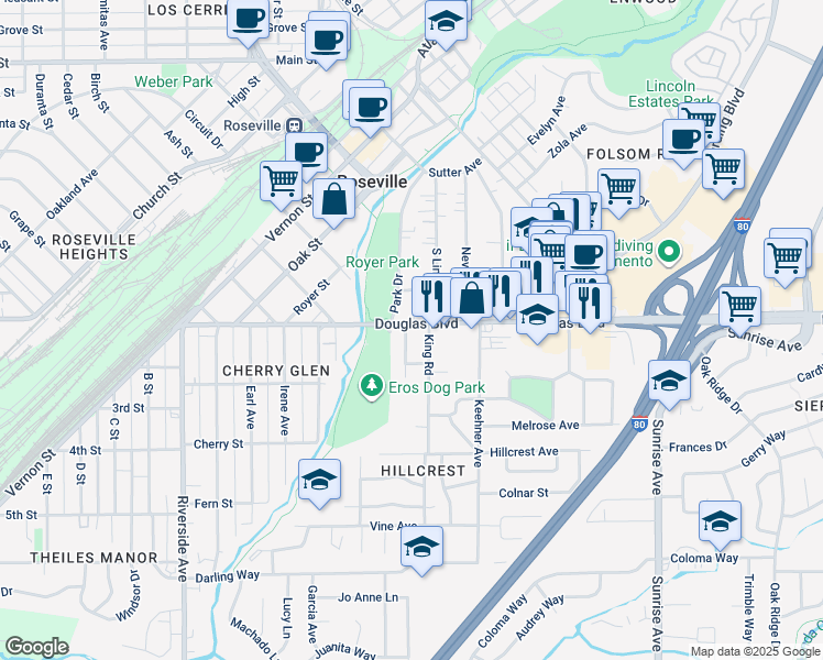 map of restaurants, bars, coffee shops, grocery stores, and more near 104 King Road in Roseville