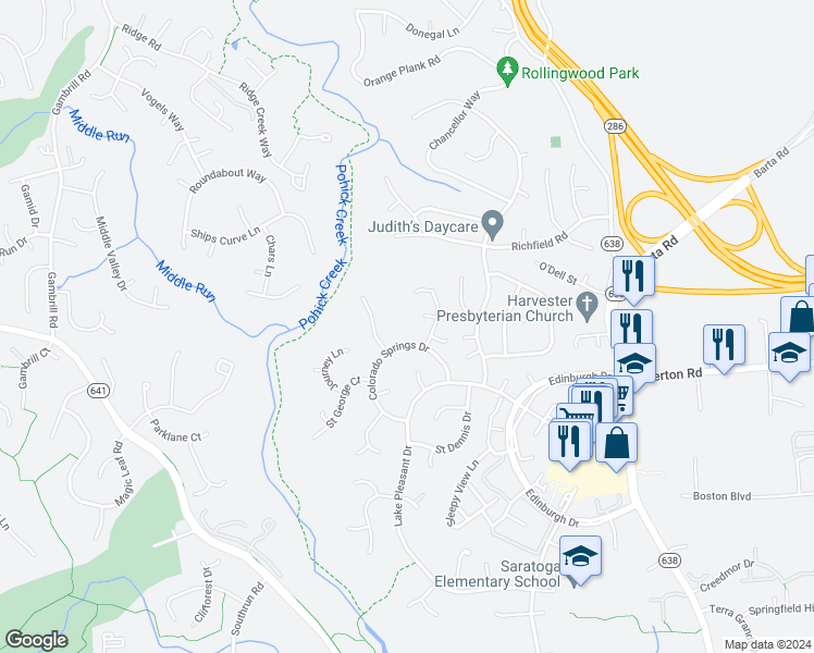 map of restaurants, bars, coffee shops, grocery stores, and more near 7916 Colorado Springs Drive in Springfield