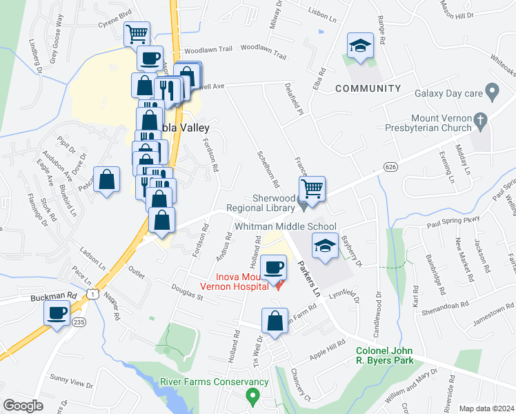 map of restaurants, bars, coffee shops, grocery stores, and more near 2707 Woodwalk Court in Alexandria