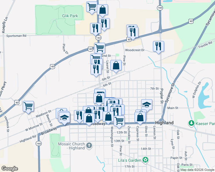 map of restaurants, bars, coffee shops, grocery stores, and more near 623 Washington Street in Highland
