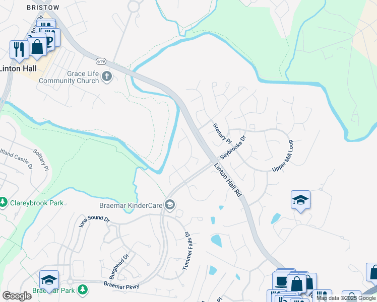 map of restaurants, bars, coffee shops, grocery stores, and more near 9762 Runner Stone Place in Bristow