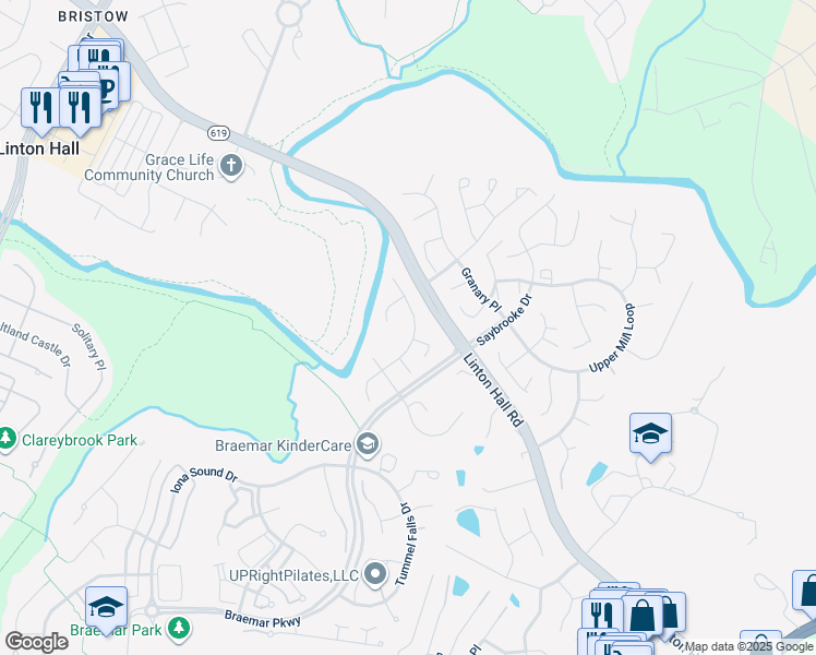 map of restaurants, bars, coffee shops, grocery stores, and more near 9762 Runner Stone Place in Bristow