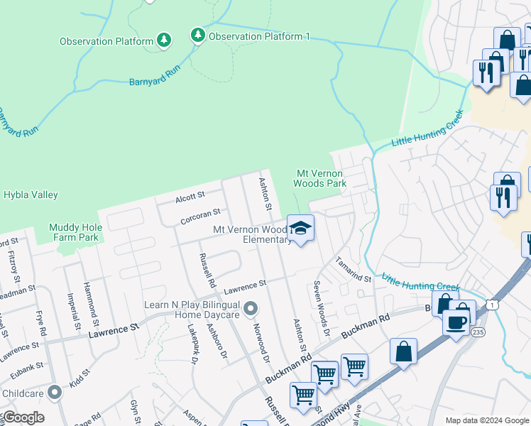map of restaurants, bars, coffee shops, grocery stores, and more near 7832 Ashton Street in Alexandria