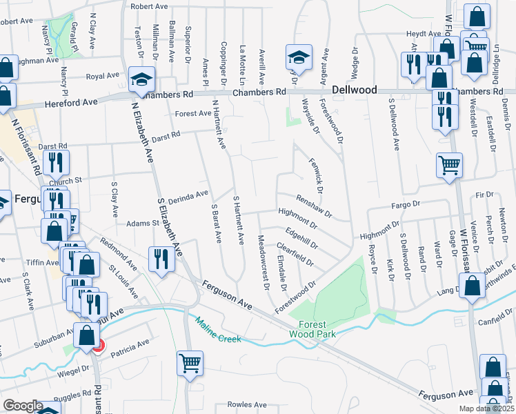 map of restaurants, bars, coffee shops, grocery stores, and more near 936 Highmont Drive in Ferguson