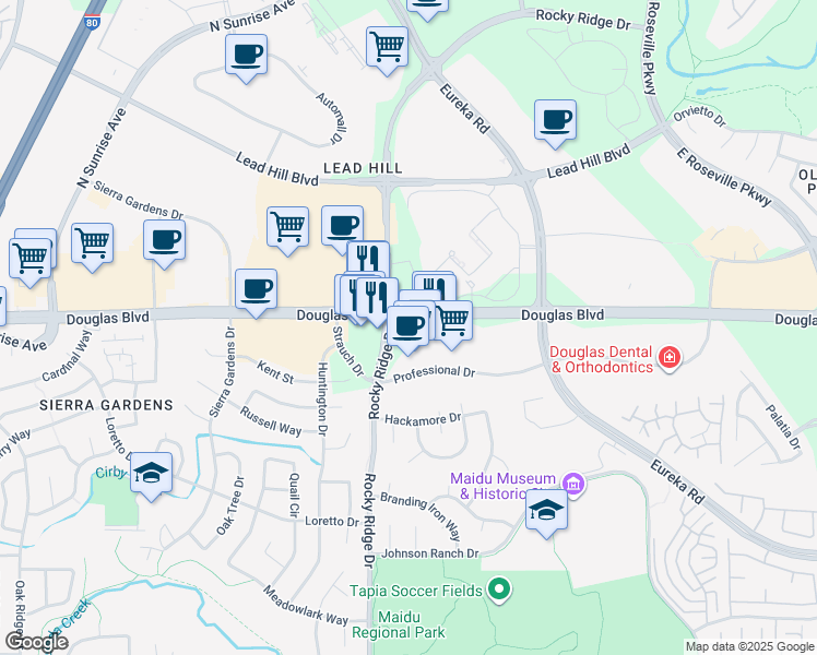 map of restaurants, bars, coffee shops, grocery stores, and more near 2000 Douglas Blvd in Roseville