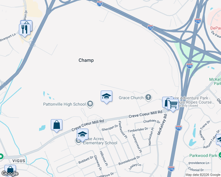 map of restaurants, bars, coffee shops, grocery stores, and more near 2608 Jessica Adele Court in Maryland Heights