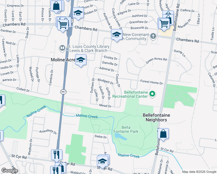 map of restaurants, bars, coffee shops, grocery stores, and more near 9713 Griffin Drive in St. Louis
