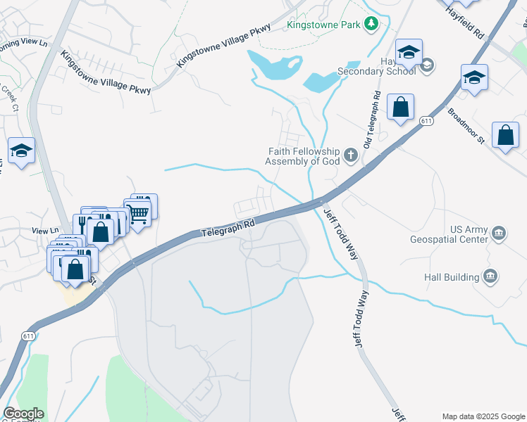 map of restaurants, bars, coffee shops, grocery stores, and more near 6148 Olivet Drive in Kingstowne