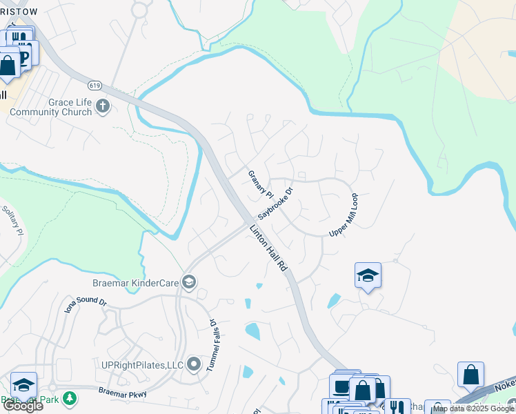 map of restaurants, bars, coffee shops, grocery stores, and more near 12111 Tamar Court in Bristow