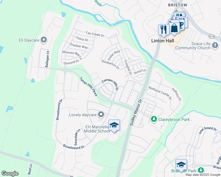 map of restaurants, bars, coffee shops, grocery stores, and more near 12955 Slateford Lane in Bristow