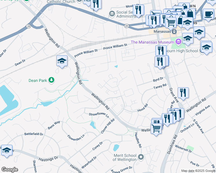 map of restaurants, bars, coffee shops, grocery stores, and more near 9334 Witch Hazel Way in Manassas