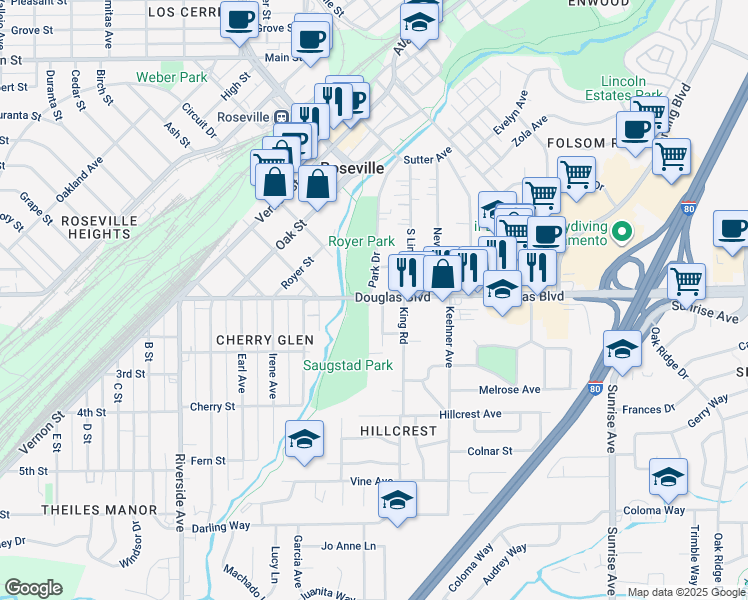 map of restaurants, bars, coffee shops, grocery stores, and more near 700 Douglas Blvd in Roseville