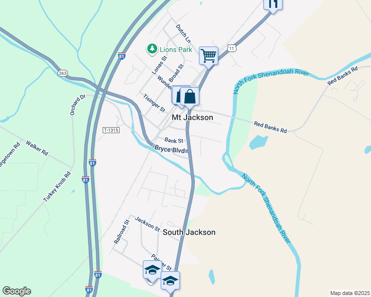 map of restaurants, bars, coffee shops, grocery stores, and more near 6029 Main Street in Mount Jackson