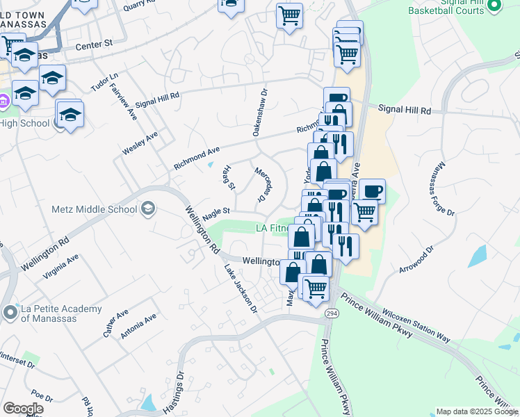 map of restaurants, bars, coffee shops, grocery stores, and more near 9625 Mercedes Drive in Manassas
