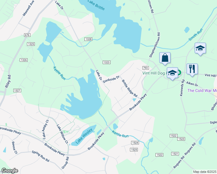 map of restaurants, bars, coffee shops, grocery stores, and more near 7147 Lake Drive in Warrenton