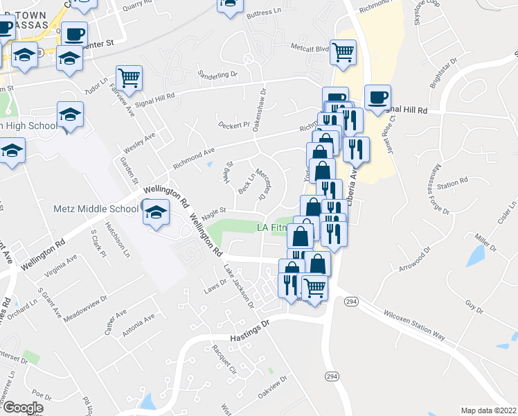 map of restaurants, bars, coffee shops, grocery stores, and more near 9625 Mercedes Drive in Manassas
