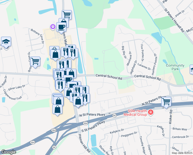 map of restaurants, bars, coffee shops, grocery stores, and more near 14 Willow Way in Saint Charles
