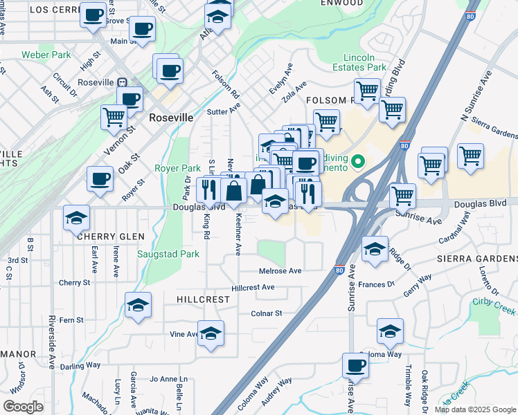 map of restaurants, bars, coffee shops, grocery stores, and more near 1014 Douglas Boulevard in Roseville
